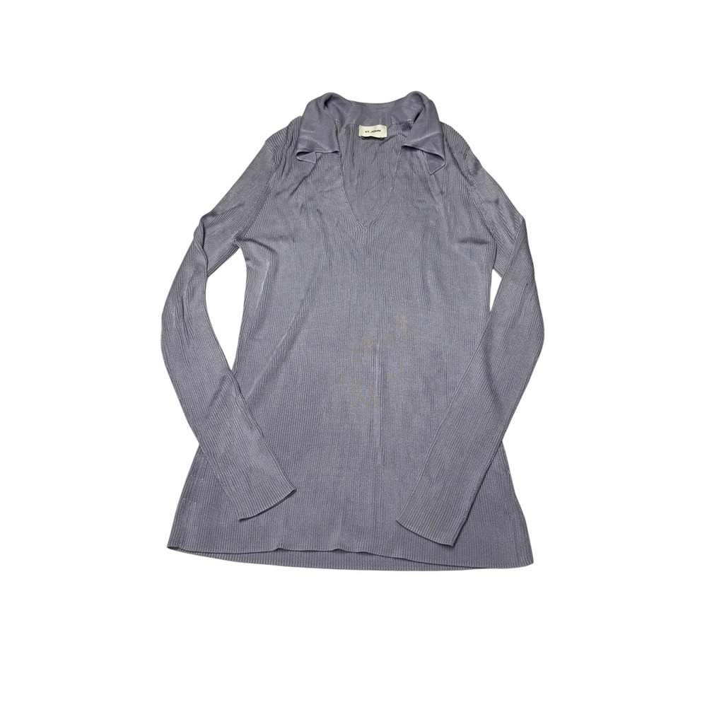 St John Purple Ribbed Knit Long Sleeve V-Neck Polo Top Womens XL C19570F171